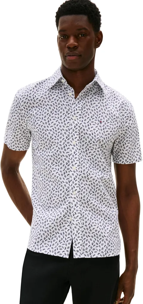 Tommy Hilfiger Uomo Camicia Linen Blend Maniche Corte, Multicolore (White/Preppy Navy), L