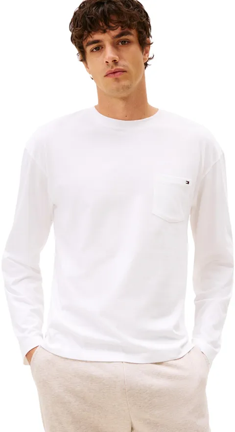 Tommy Hilfiger Uomo Maglietta Maniche Lunghe Pocket Tee con Scollo Rotondo, Bianco (TH