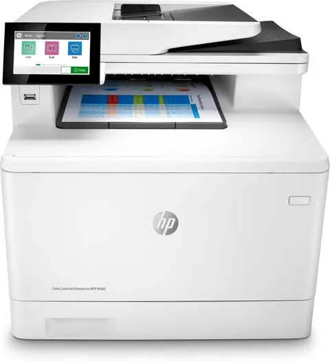 HP Color LaserJet Enterprise M480f 3QA55A, Stampante Multifunzione A4, Stampa Fronte e Retro Automatico a colori, 27 ppm, Copia, Scansiona, Fax, ADF, Ethernet, USB, HP Smart, Schermo Touch LDC, Bianca