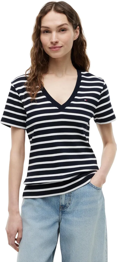Tommy Hilfiger Donna T-Shirt Maniche Corte New Slim Cody con Scollo a V, Multicolore (NOS Breton Desert Sky/Ecru), L
