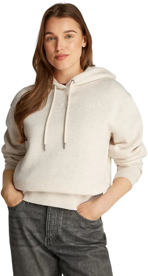 Tommy Hilfiger Donna Felpa con Cappuccio con Logo, Avorio (Oatmilk Heather), XS