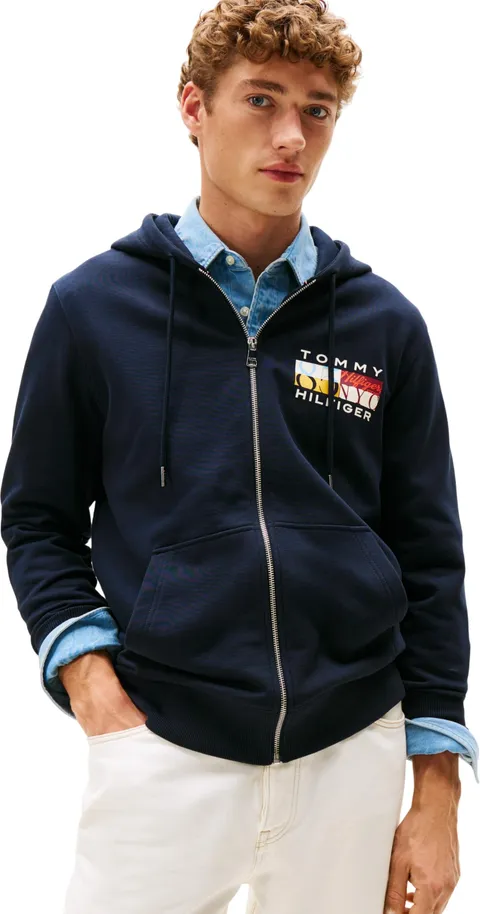Tommy Hilfiger Uomo Felpa con Cappuccio e Zip Colour Flag Zip Through con Logo, Blu