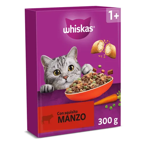 WHISKAS Cibo Secco per Gatti Adulti 300g con Manzo, confezione da 14