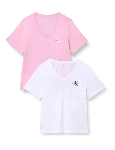 Calvin Klein Donna T-Shirt Maniche Corte Confezione da 2 Logo Tee con Scollo a V, Rosa