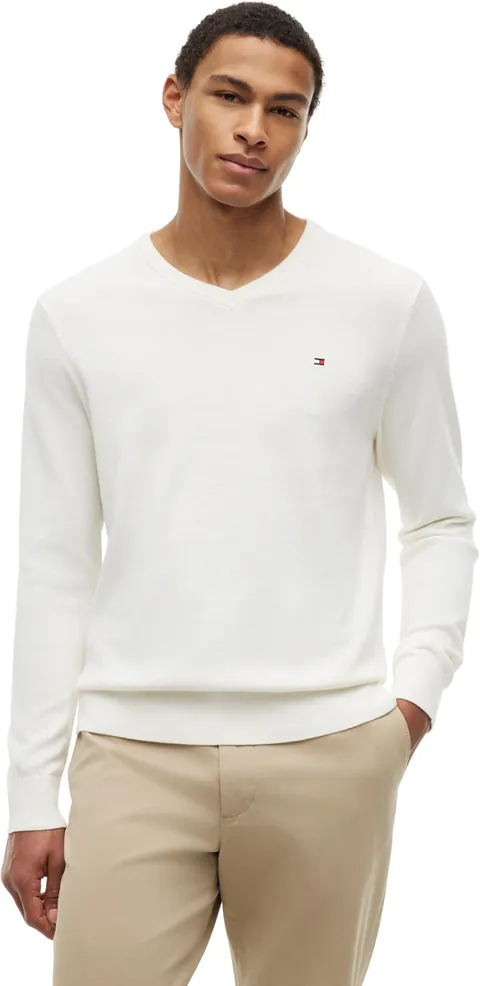 Tommy Hilfiger Uomo Pullover Essential Cotton Scollo a V, Avorio (Ivory Petal), XL