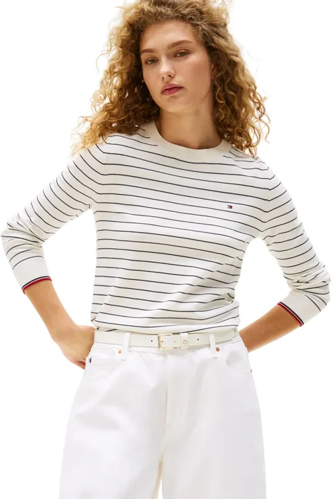 Tommy Hilfiger Donna Pullover Jersey Fine con Scollo Rotondo, Multicolore (Ivory