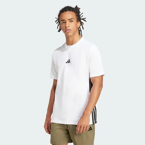 adidas Uomo Essential Three Stripes Single Jersey Shirt, White/Black, XL