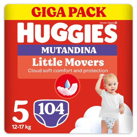 Huggies Little Movers Pannolini Mutandina Taglia 5 (12-17 Kg), Ultra assorbente, Protezione completa, Gigapack, 104 Pz