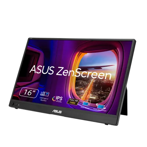 ASUS ZenScreen MB16AHVE, Monitor Portatile da 15,6" FHD IPS (1920x1080), 5ms (GTG), 60Hz, Auto Rotazione, Passaggio di Potenza, Treppiede, USB-C, Mini-HDMI, Flicker Free, Low Blue Light, FSC, Nero