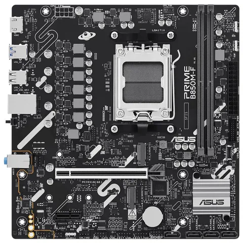 ASUS PRIME B850M-F, Scheda Madre AMD micro-ATX, Slot DDR5, PCIe 5.0 Ready, 2 Slot M.2, Ethernet Realtek 1Gb, HDMI, USB-A da 5Gbps, USB-C da 5Gbps, BIOS FlashBack, Aura Sync, Nera