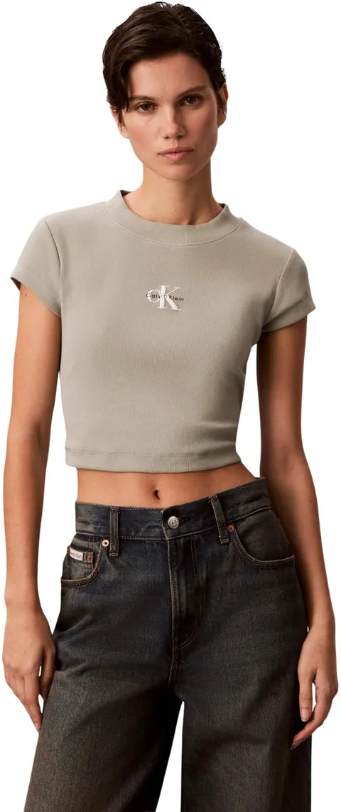 Calvin Klein Donna T-Shirt Maniche Corte Monologo Baby Rib Slim Fit, Beige (Shadow), S