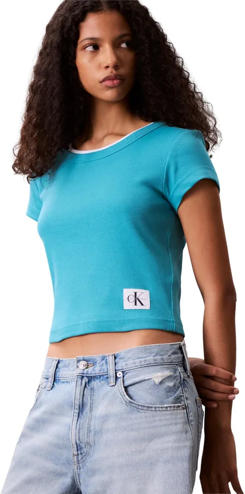 Calvin Klein Donna T-Shirt Maniche Corte Woven Label Rib Baby Tee con Scollo Rotondo
