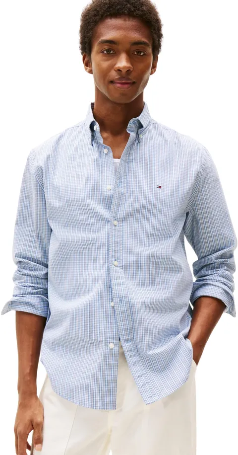 Tommy Hilfiger Uomo Camicia Flex Poplin Small Tartan in Cotone, Blu (Breezy Blue/Multi