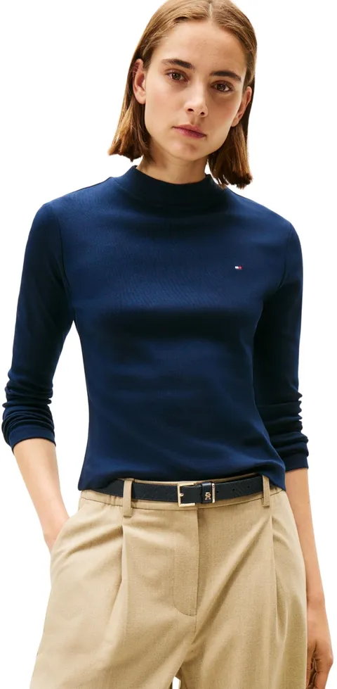 Tommy Hilfiger Donna Maglietta Maniche Lunghe Slim Cody Collo a Lupetto, Blu (Dark Night