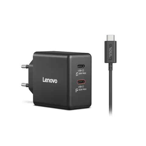 Lenovo Dual USB-C 65W GaN Charger, alimentatore compatto da muro con doppia Type-C, cavo