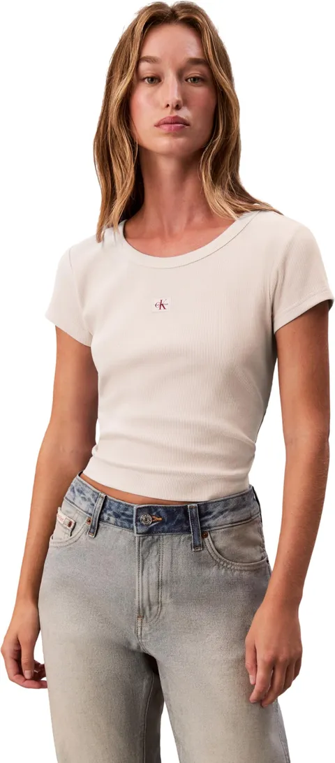 Calvin Klein Jeans Maglietta da Donna a Coste 2 x 2 con Etichetta A- Woven Label