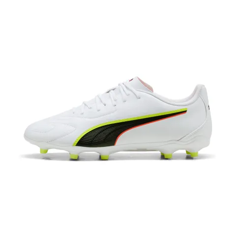 PUMA Scarpe da Calcio Unisex King 20 Play FG/AG, Colore Bianco-Rosso Acceso-Giallo