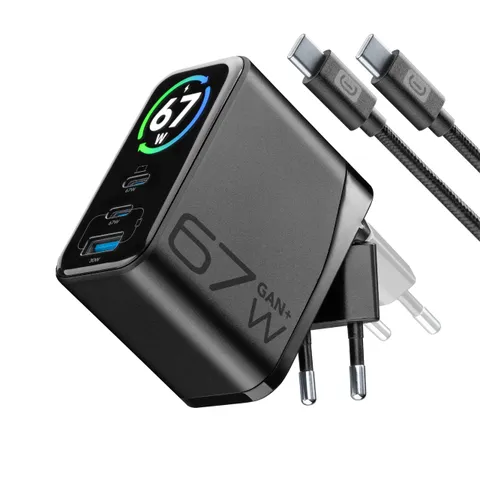 Cellularline PowerView IQ 67W Caricabatterie da Rete con Display TFT, 2 Porte USB-C PD e