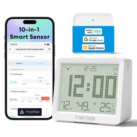 Meross Igrometro Termometro Interno WiFi con Ampio Display (Con Hub)
