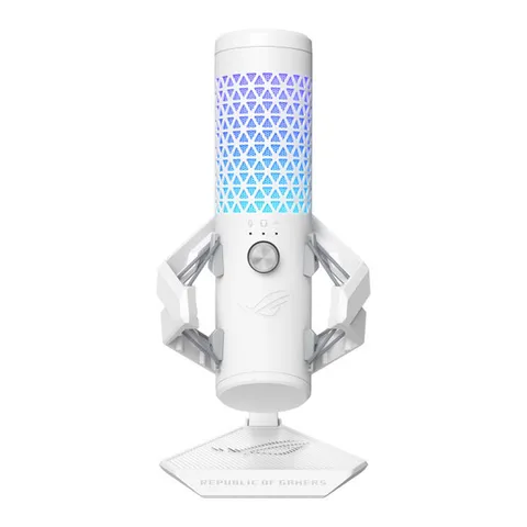 ASUS ROG Carnyx RGB Microfono USB a condensatore da 25mm Gaming, Streaming, Podcast, 192kHz/24-bit, Cardioide, Filtro passa-alto/pop integrato, Disattivazione Audio One-touch, Aura Sync RGB, Bianco