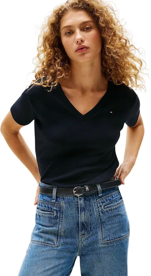 Tommy Hilfiger Donna T-Shirt Maniche Corte New Slim Cody con Scollo a V, Blu (NOS Desert Sky), M