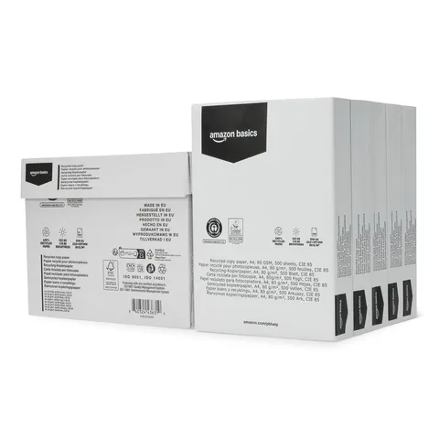 Amazon Basics Carta per fotocopie 100% riciclata, formato A4, 80 g/m², 2500 fogli (5
