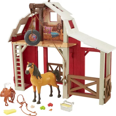 Mattel, Spirit Il Selvaggio Playset Stalla con maneggio, cavallo, fienile, 3 aree di