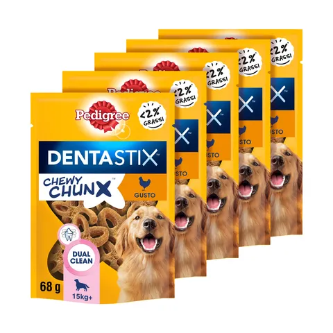 Pedigree Dentastix Chewy Chunx, Snack Dentale al Pollo per Cani Taglia Media e Grande, 5 Sacchetti da 68g