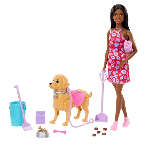Barbie - Set Cagnolina Cammina e fa i bisogni, con bambola Brooklyn, cucciolo e accessori