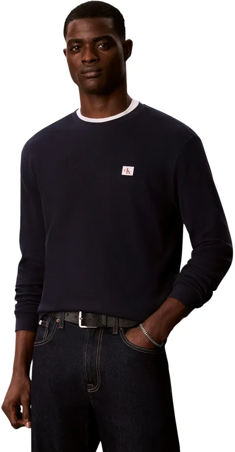 Calvin Klein Uomo Maglietta Maniche Lunghe Waffle Badge Tee con Scollo Rotondo, Blu (Dark