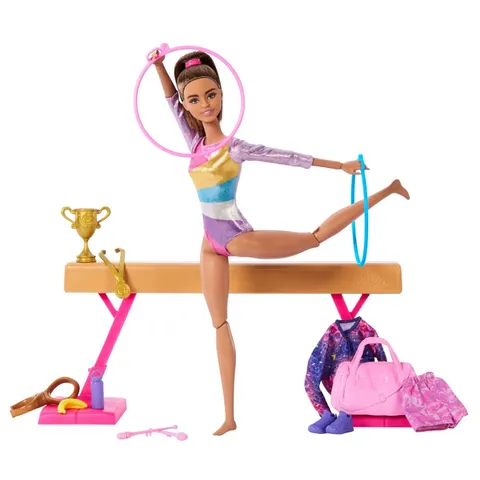 Barbie - Ginnastica Artistica, playset con bambola ginnasta bionda, tuta per il