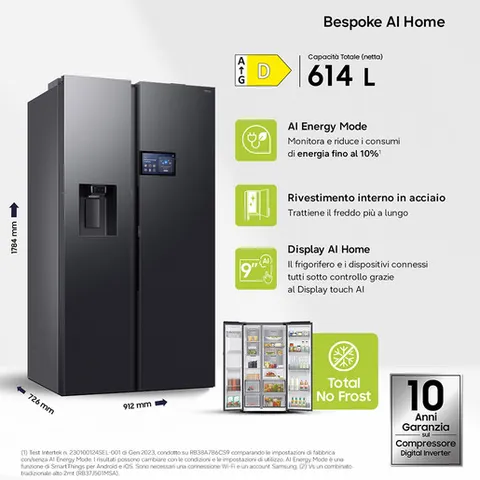 Samsung Frigorifero Side by Side AI Home RS90F64EDF/EF con Dispenser Acqua/Ghiaccio, Wifi