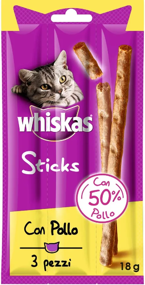 Whiskas Snack per Gatto, Sticks al Pollo, 84 pezzi in Totale ( 28 Confezioni da 18g l'una )