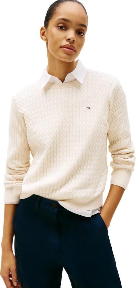 Tommy Hilfiger Donna Pullover Cable Fine Motivo a Trecce, Beige (Heather Ivory Petal), XXS