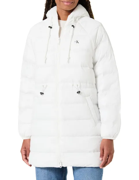 Calvin Klein Donna Cappotto Piumino Lightweight Logo Mid Length con Cappuccio, Bianco (Snow White), S