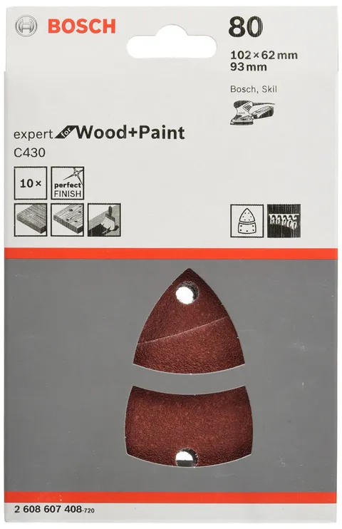 Bosch 2608607408 Expert Wood 10 Fogli Abrasivi, 102 x 62 mm, P80 per Palmare