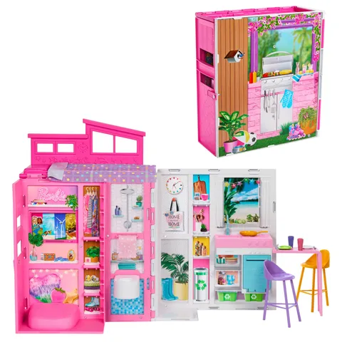 Barbie - Casa delle Vacanze, playset con 4 aree di gioco e 11 accessori decorativi
