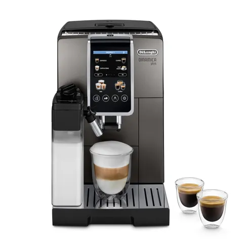 De'Longhi Perfetto Dinamica Plus ECAM380.95.TB, Macchina Automatica per Caffè in Chicchi, Caraffa Montalatte Automatica, 24 Bevande One Touch, Schermo Touch, Spegnimento Programmabile, Titanio