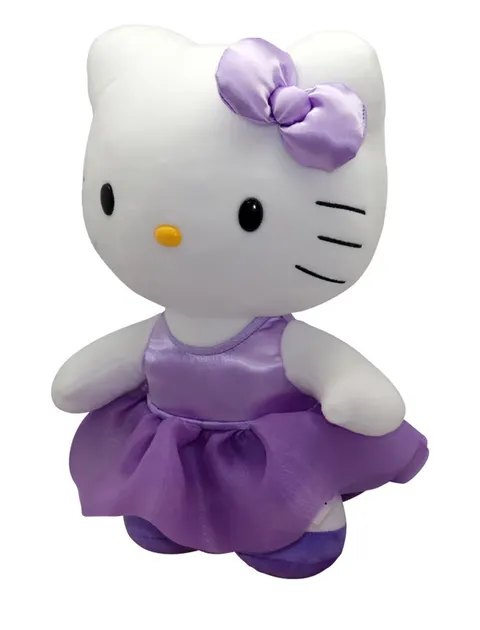Hello Kitty Peluche 30 cm con Outfit alla Moda, Vestitino Viola Satin e Fiocco Abbinato