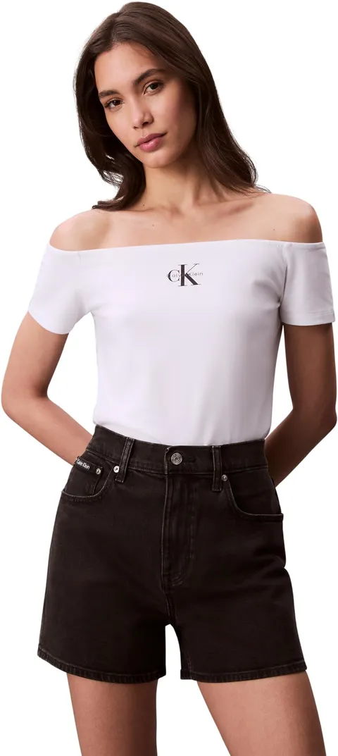 Calvin Klein Donna T-Shirt Maniche Corte off Shoulder Spalle Scoperte, Bianco (Brilliant