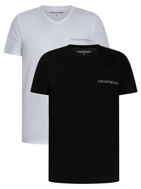 Emporio Armani Maglietta da Uomo, 2 Pezzi, Scollo a V, Bianco/Nero, XL
