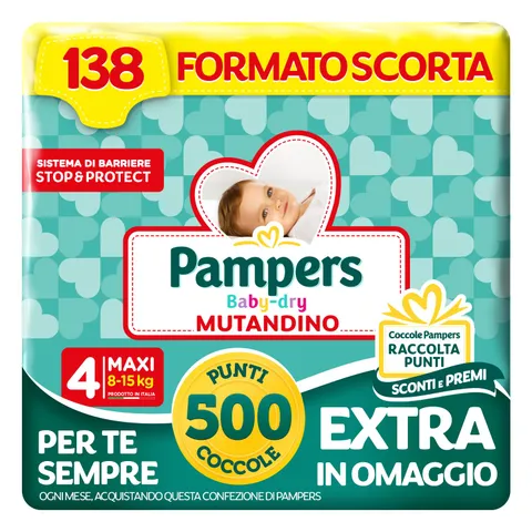 Pampers Baby Dry Mutandino Maxi, Taglia 4 (8-15 kg), Formato Scorta, Barriera Stop&Protect, Anti-Fuoriuscite, Fascia Elastica, Asciutto 12h, Cambio Facile, 138 Pannolini Bambino + 500 Punti Omaggio