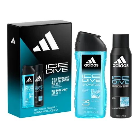 adidas, Cofanetto Regalo Ice Dive, Deodorante Spray per il corpo 150ml e Docciaschiuma 3