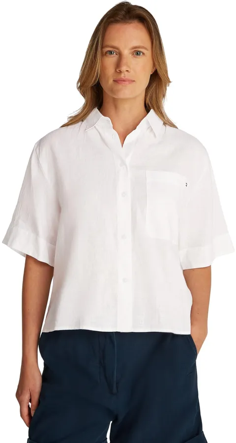 Tommy Hilfiger Donna Camicia Linen Relaxed Maniche Corte, Bianco (TH Optic White), 48