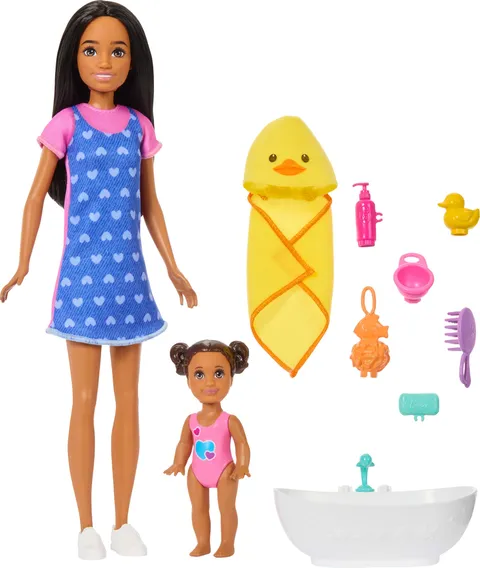 Barbie - Skipper Babysitter, set con bambola castana,mini bambolotto dai capelli bruni
