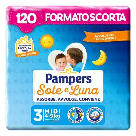 Pampers Sole e Luna Pannolini Midi, Taglia 3 (4-9 kg) - Pacco da 120 Pezzi