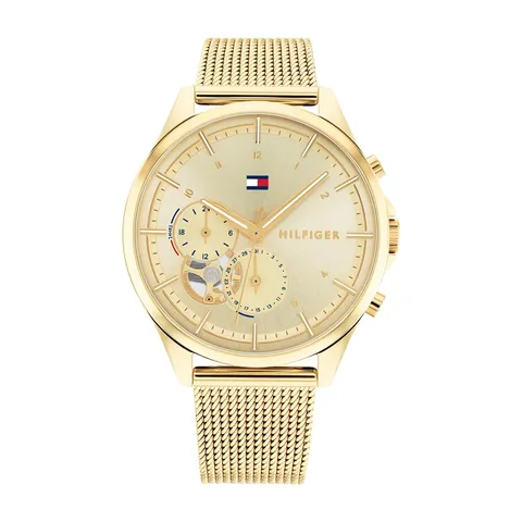 Tommy Hilfiger Orologio Analogico Multifunzione al Quarzo da Donna con Cinturino in Maglia Metallica in Acciaio Inossidabile di Colore Dorato - 1782417