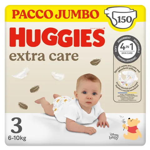 Huggies Extra Care, Pannolini Taglia 3 (6-10Kg), Ultra assorbente, Design Disney, 150 Pz