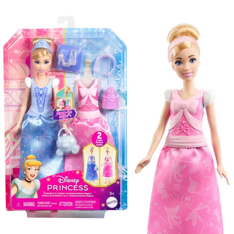 Mattel Disney Princess - Cenerentola 2 storie in 1, bambola alla moda ispirata al film