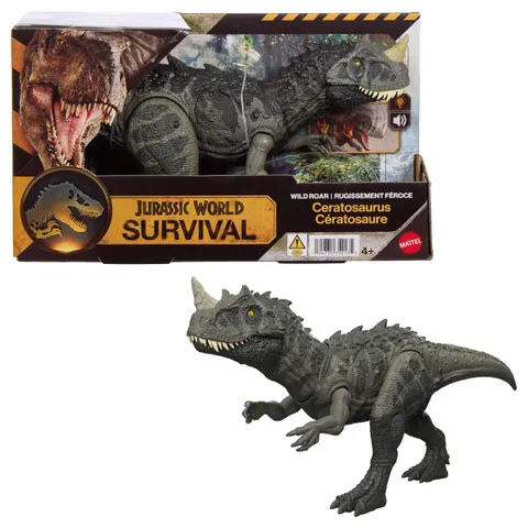 Mattel Jurassic World - Ceratosaurus Ruggito Selvaggio, dinosauro snodabile con mandibola